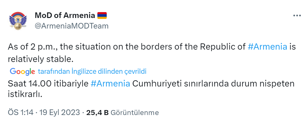 Ermenistan Savunma Bakanlığı: “Ermenistan Cumhuriyeti sınırlarında durum istikrarlı”