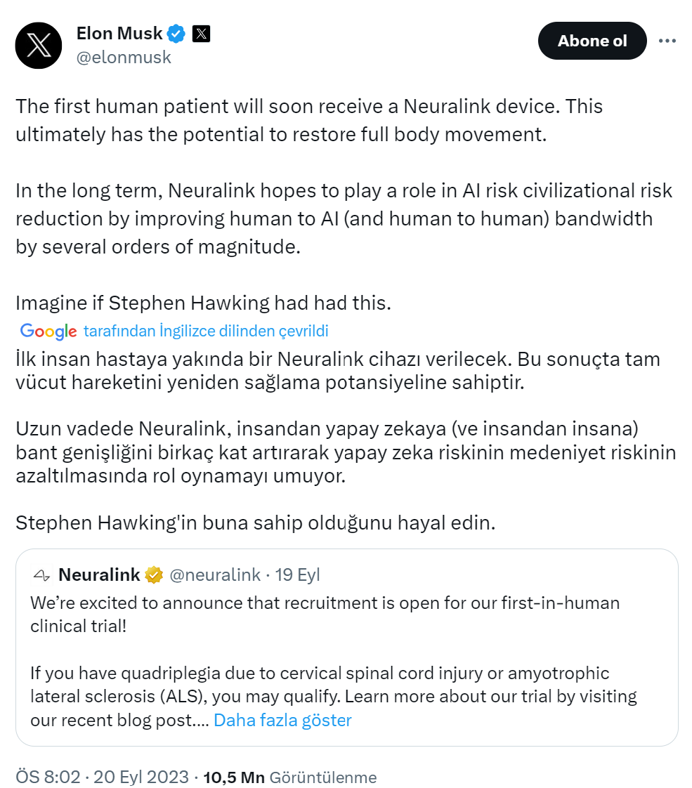 Elon Musk: “İlk insan hastaya yakında bir Neuralink cihazı verilecek”