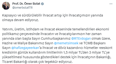 Bakan Bolat: “İhracatçımızın yanında olmaya devam ediyoruz”