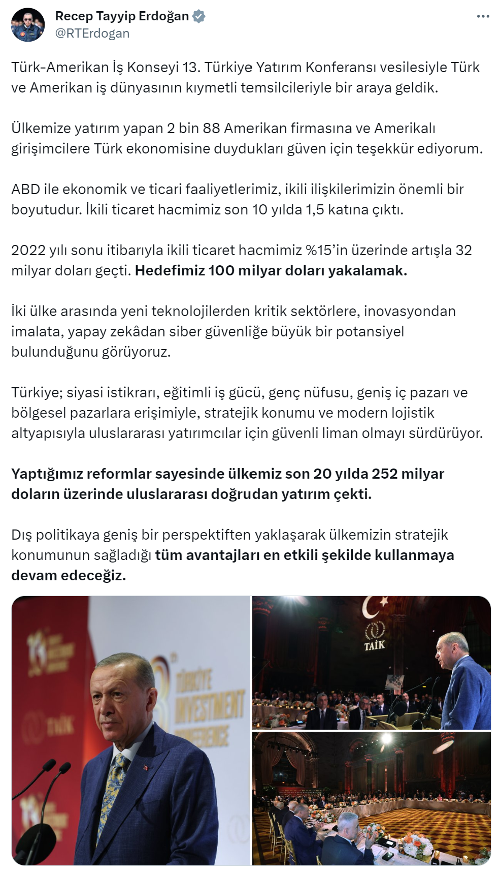Cumhurbaşkanı Erdoğan: “İkili ticaret hacmimiz son 10 yılda 1,5 katına çıktı.”