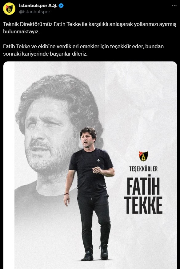 İstanbulspor, teknik direktör Fatih Tekke ile yollarını ayırdı