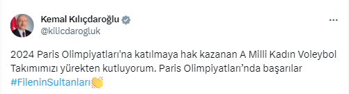 Kılıçdaroğlu’dan A Milli Kadın Voleybol Takımı’na tebrik