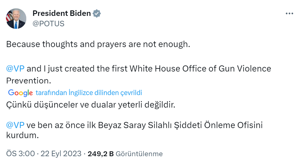 Biden: “Az önce ilk Beyaz Saray Silahlı Şiddeti Önleme Ofisini kurdum”