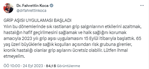 Bakan Koca: “Grip aşısı uygulaması başladı”