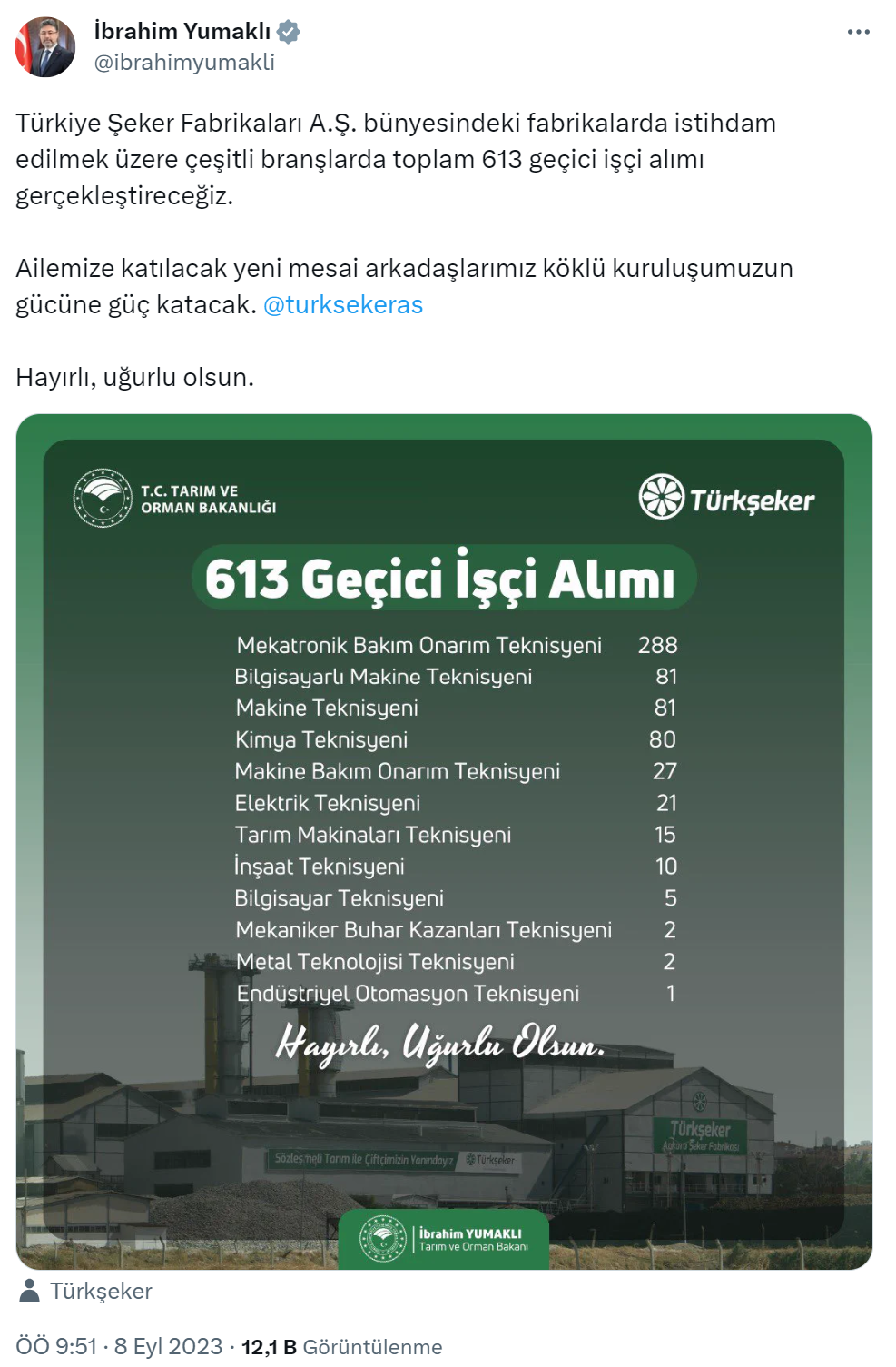 Türkiye Şeker Fabrikaları’na 613 geçici işçi alımı yapılacak