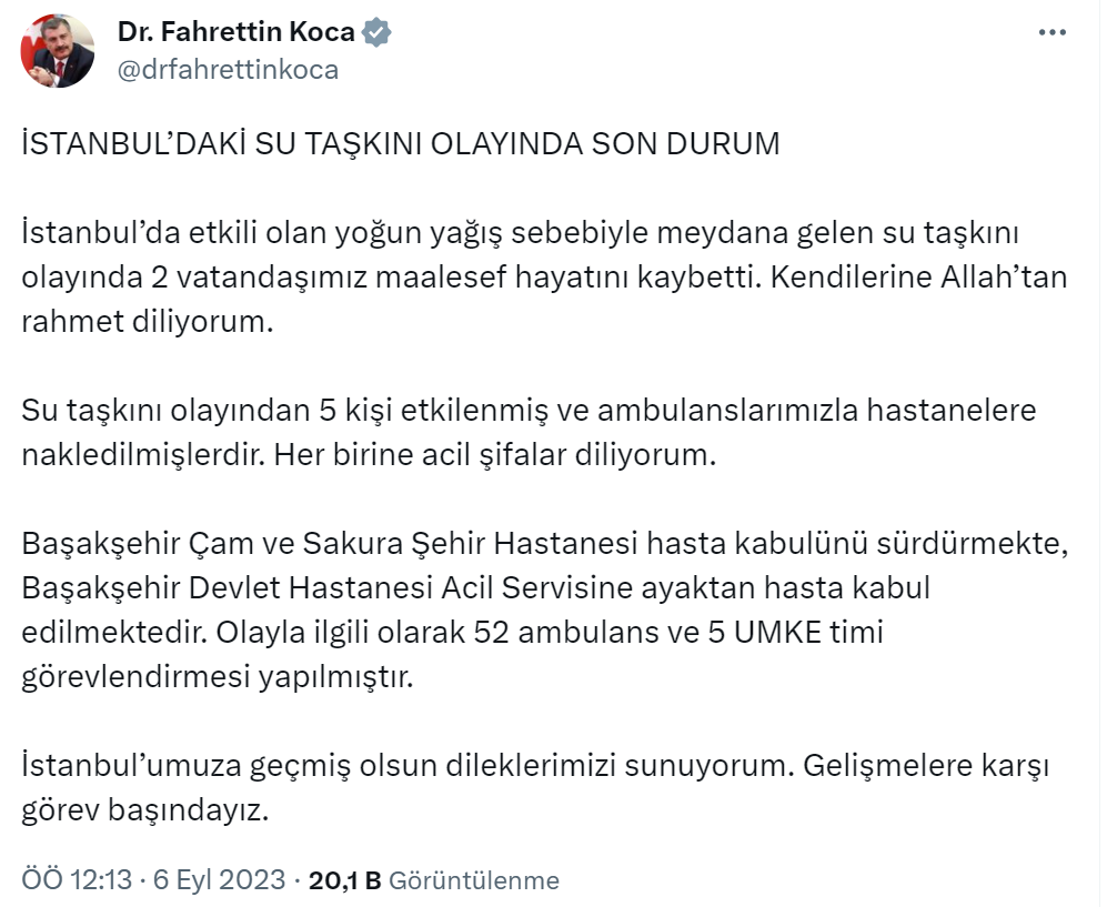 Bakan Koca: “İstanbul’daki su taşkınında 5 kişi etkilenerek hastaneye nakledildi”