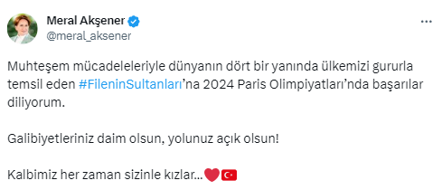 Akşener: “Filenin Sultanları’na 2024 Paris Olimpiyatları’nda başarılar diliyorum”