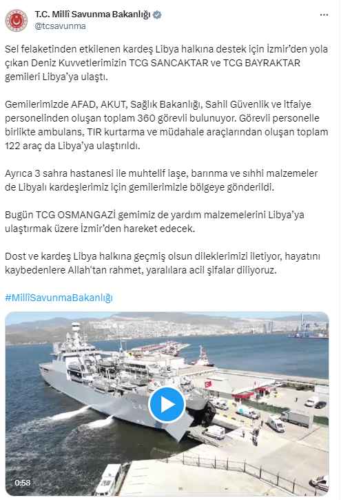 TCG Sancaktar ve TCG Bayraktar gemileri selden etkilenen Libya’ya ulaştı
