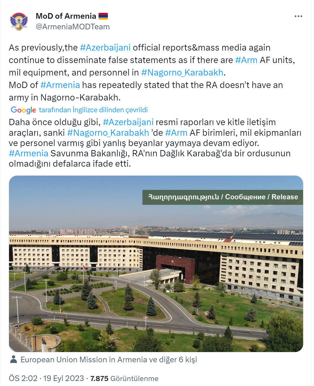 Ermenistan Savunma Bakanlığı: “Dağlık Karabağ’da Ermenistan’a ait bir ordu bulunmuyor”