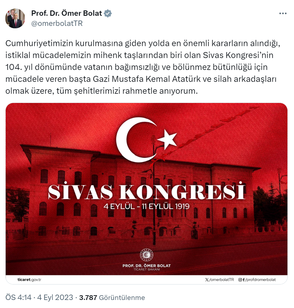 Bakan Bolat’tan Sivas Kongresi’nin yıl dönümü mesajı