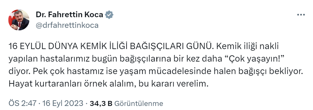 Bakan Koca’dan Dünya Kemik İliği Bağışçıları Günü paylaşımı