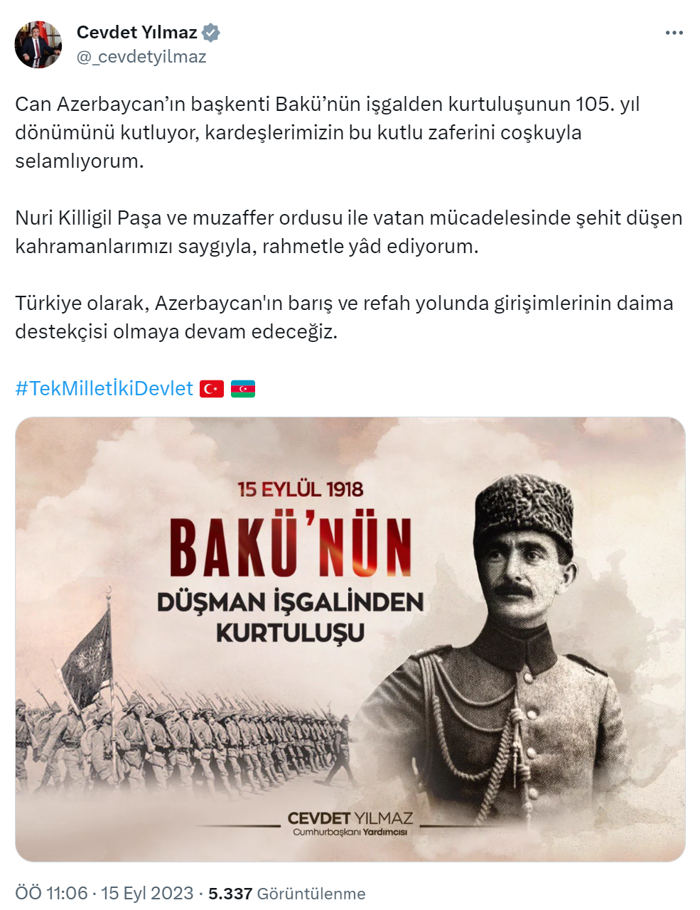 Cumhurbaşkanı Yardımcısı Yılmaz, Bakü’nün kurtuluşunun 105. yıl dönümünü kutladı