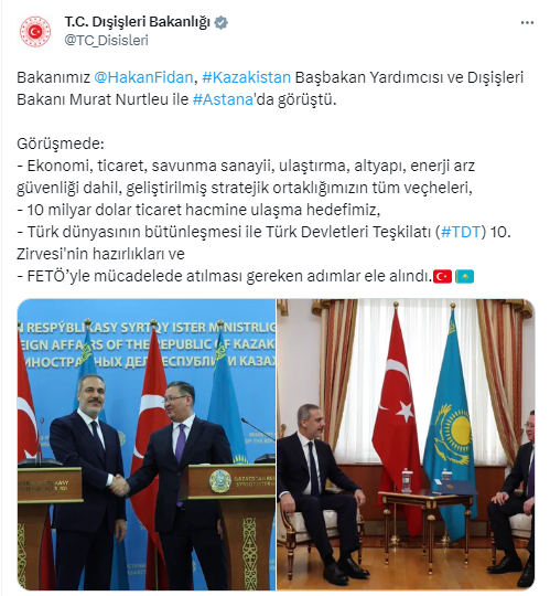 Bakan Fidan, Kazakistan Dışişleri Bakanı Nurtleu ile görüştü
