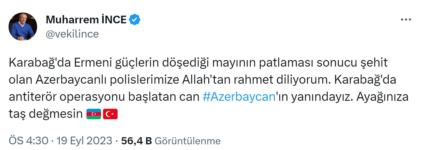 İnce’den şehit Azerbaycanlı polisler için taziye mesajı