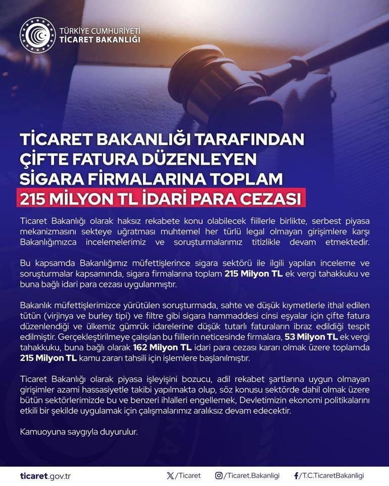 Ticaret Bakanlığı’ndan çifte fatura düzenleyen sigara firmalarına ceza