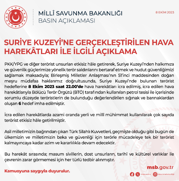 Suriye’nin kuzeyine hava harekatı