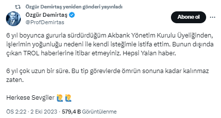 Prof. Dr. Özgür Demirtaş, Akbank yönetiminden istifa etti