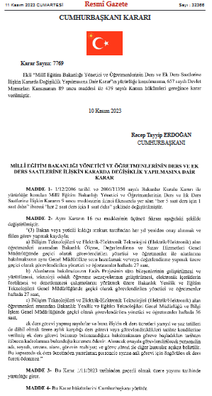 3 bakanlığa ilişkin ek ders kararı Resmi Gazete’de yayımlandı