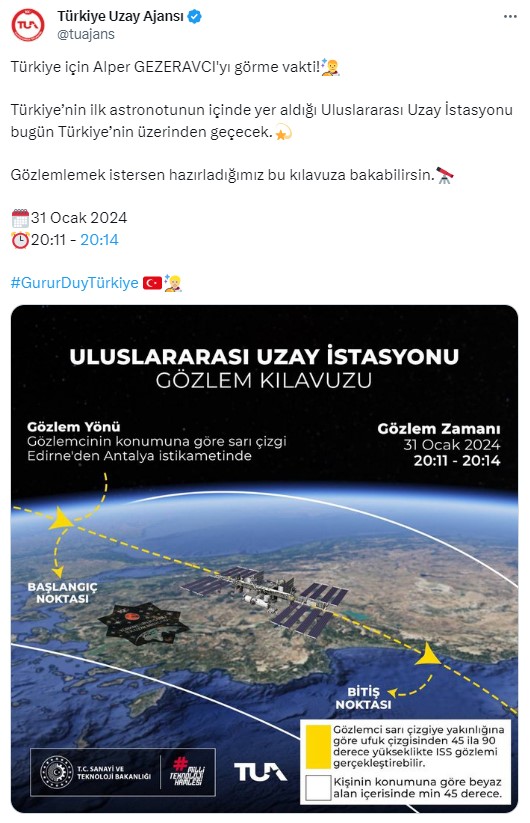 Alper Gezeravcı’nın içinde bulunduğu Uluslararası Uzay İstasyonu Türkiye’nin üzerinden geçecek