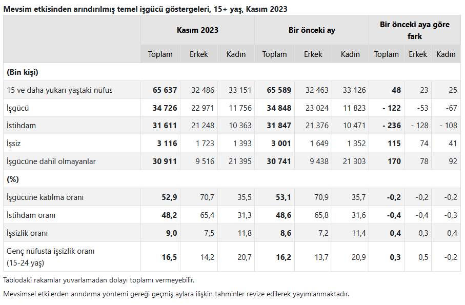 TÜİK-İşsizlik kasımda 0,4 puan artışla yüzde 9,0’a yükseldi