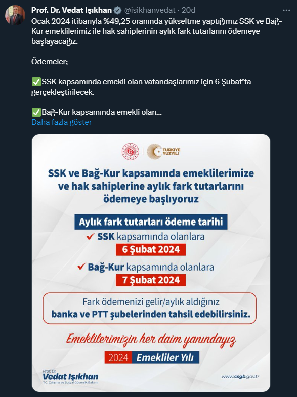 SSK ve Bağ-Kur emeklilerinin fark ödemeleri 6-7 Şubat’ta yapılacak