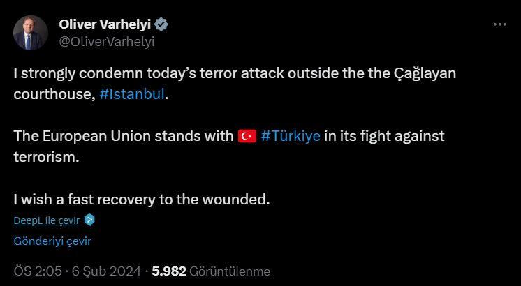 Oliver Varhelyi: AB, terörle mücadelede Türkiye’nin yanındadır