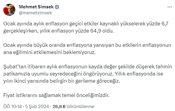 Mehmet Şimşek’ten ocak ayı enflasyon verileri için ilk yorum: Şubattan itibaren kayda değer şekilde düşecek
