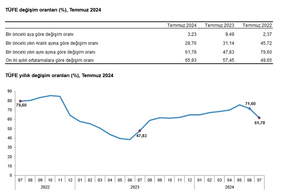 TÜİK-Tüketici fiyatları Temmuz’da yüzde 3,23 arttı, yıllık enflasyon yüzde 61,78 oldu