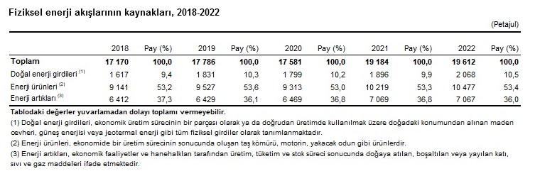 TÜİK-Toplam enerji akışları 19 bin 612 petajul olarak hesaplandı